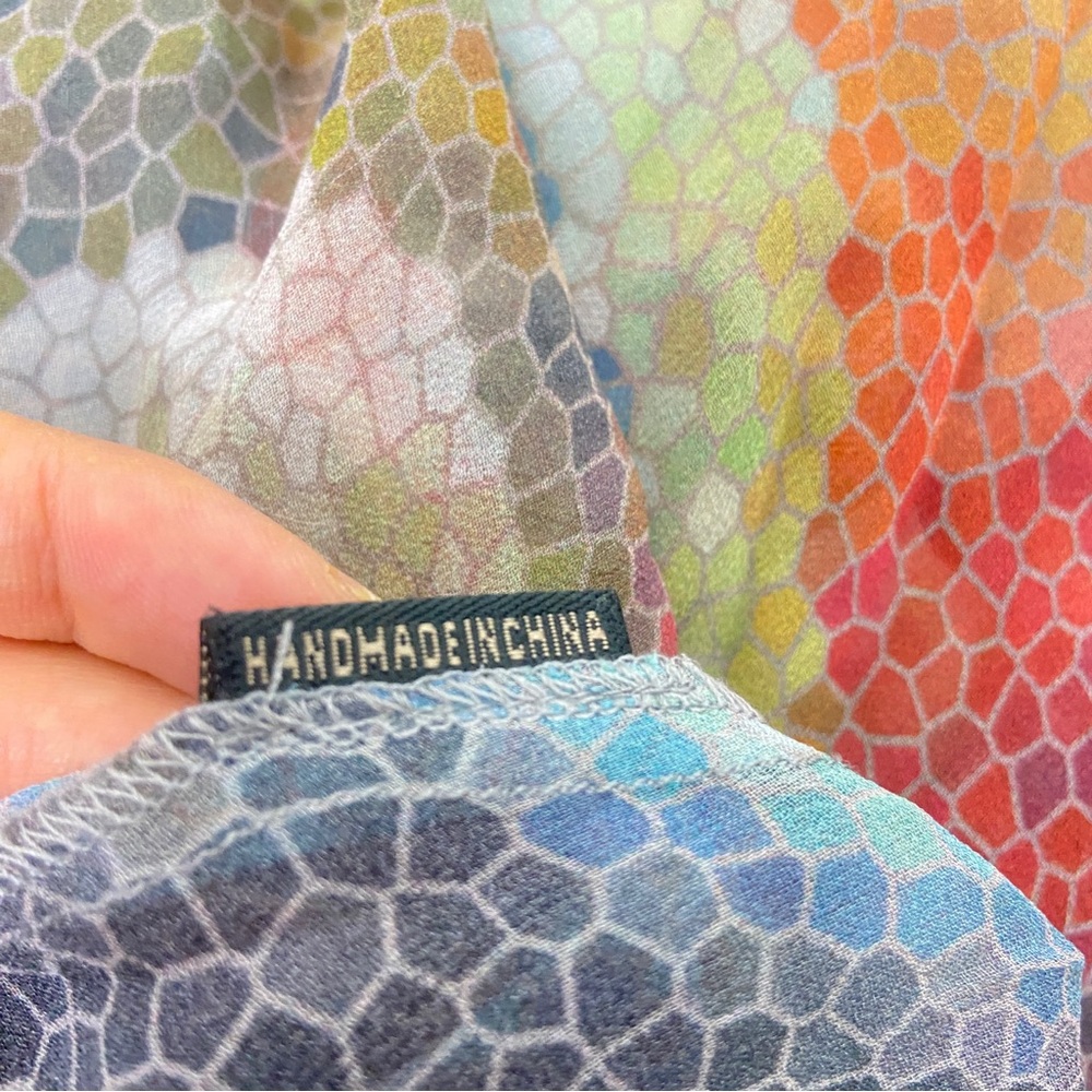 100% Silk  Abstract Art-to-Wear – Boho Feminine Sheer Vacation Summer Top - Picture 13 of 14